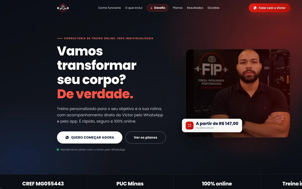 Dobra inicial do site do Victor Galvão, com a chamada de consultoria de treino online e os botões de contato